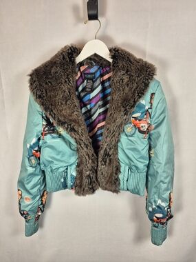 VTG Custo Barcelona Teal Motorcycle Bomber Jacket with Faux-Fur Collar Size 10